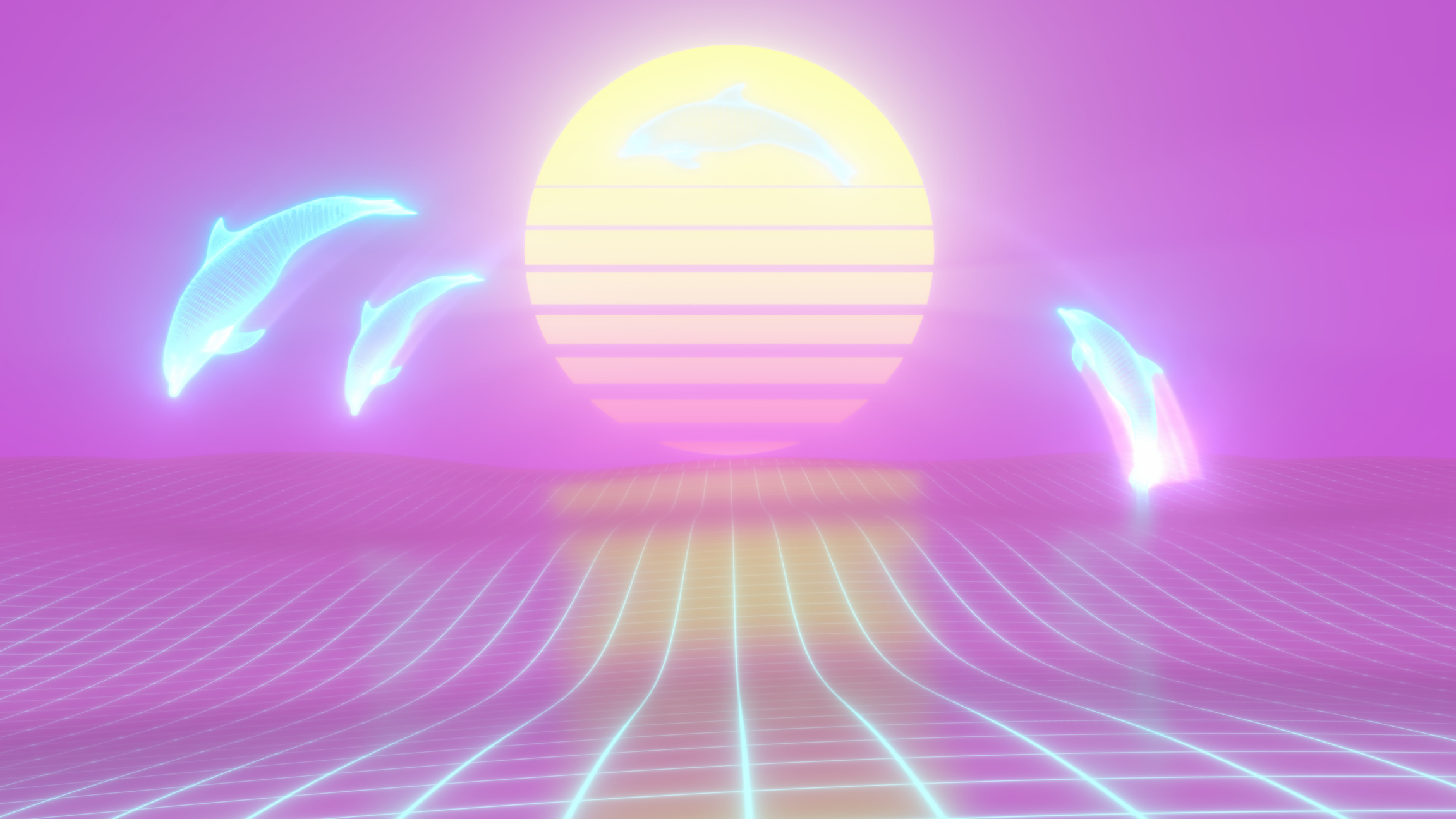 Aesthetic Vaporwave Dolphins Jump Over CGI Retro 90s Sun Grid Ocean - Abstract Background Texture